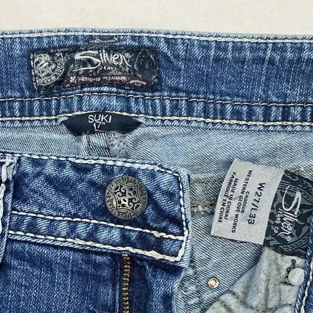 Silver Suki Faded Distressed Boot Cut Denim Jeans 27 Embroidered Jeweled - Picture 12 of 15